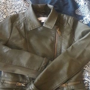 Olive green faux leather jacket.
